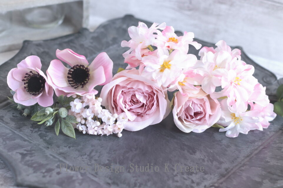 最低価格ピンクの薔薇とアネモネのヘッドドレス　八重桜　八重桜　アーティフィシャルフラワー ヘアピン