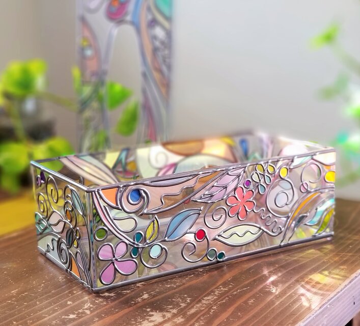 ティッシュケース　ペーパータオルケース　ステンドグラス　昭和ガラス　リメイク ティッシュケース ペーパータオルケース ステンドグラス 昭和