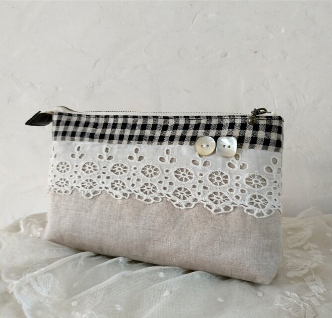 アンティークレース*リネン*ギンガムチェック*ポーチ