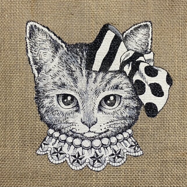 オリジナル 猫 縁有 手描き ジュートバッグ ねこ ネコ size S ドット 
