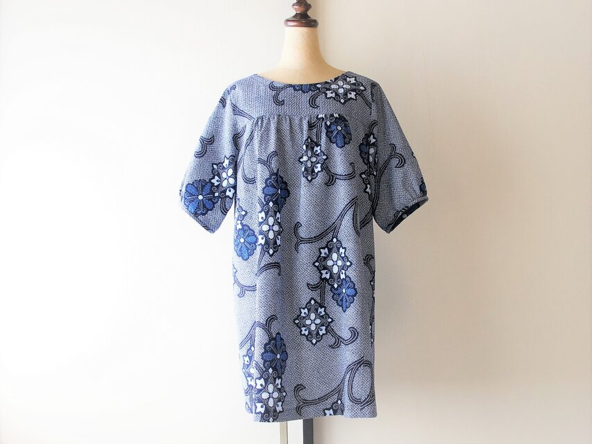 浴衣リメイク　ボートネックのチュニック　唐花模様　リップル加工　