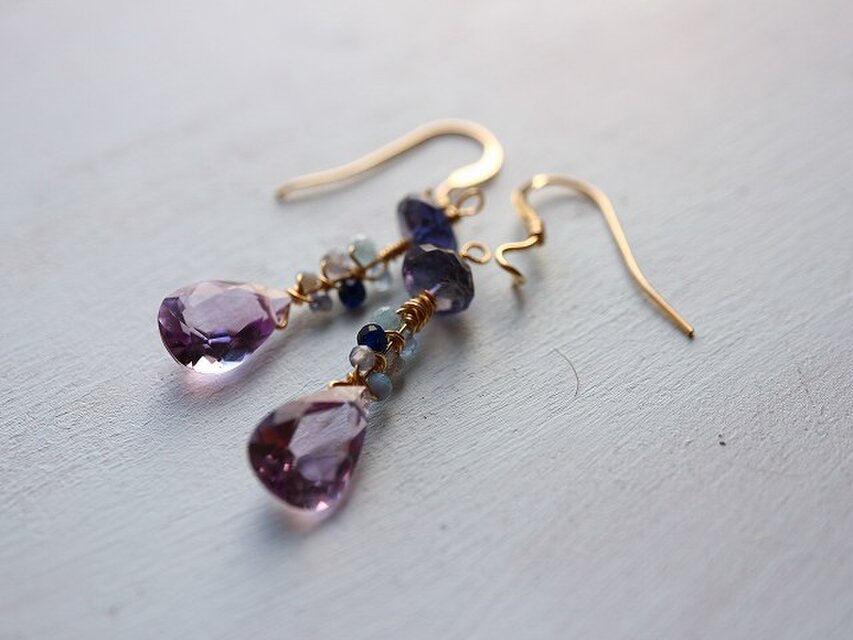 紫陽花＊ピンクアメジスト＊ジェムステム＊14kgfピアス＊no．598