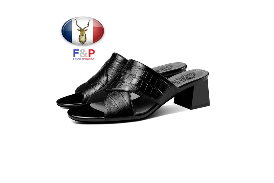 エンボスチェック柄ハラコレザークロススリッパサンダル全2色