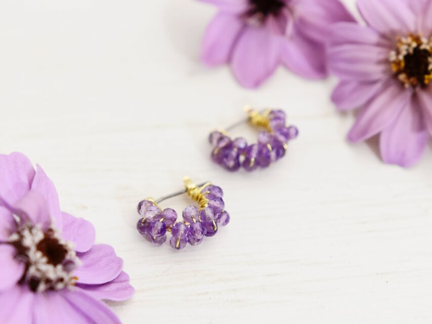 【チタンピアス・小（通常サイズ／gfに変更可能）】アメジスト 2月誕生石　レースフープ　フープピアス