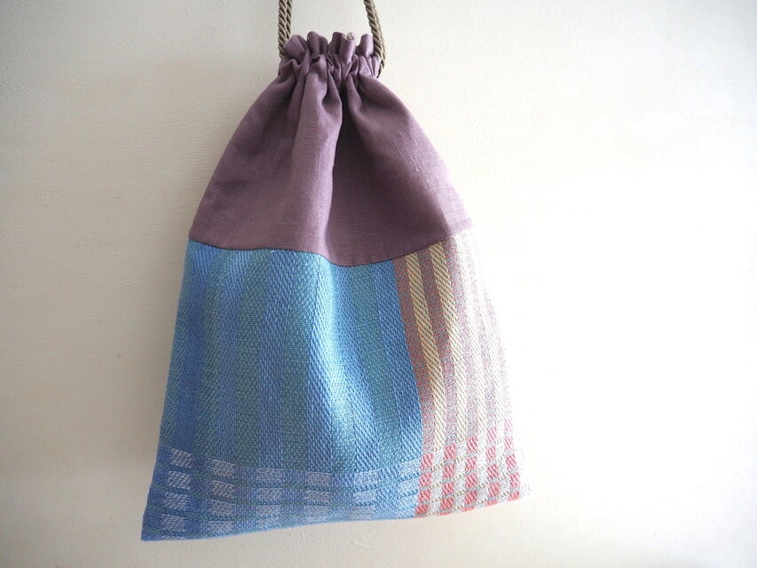手織りのリネン巾着バッグ　-b-