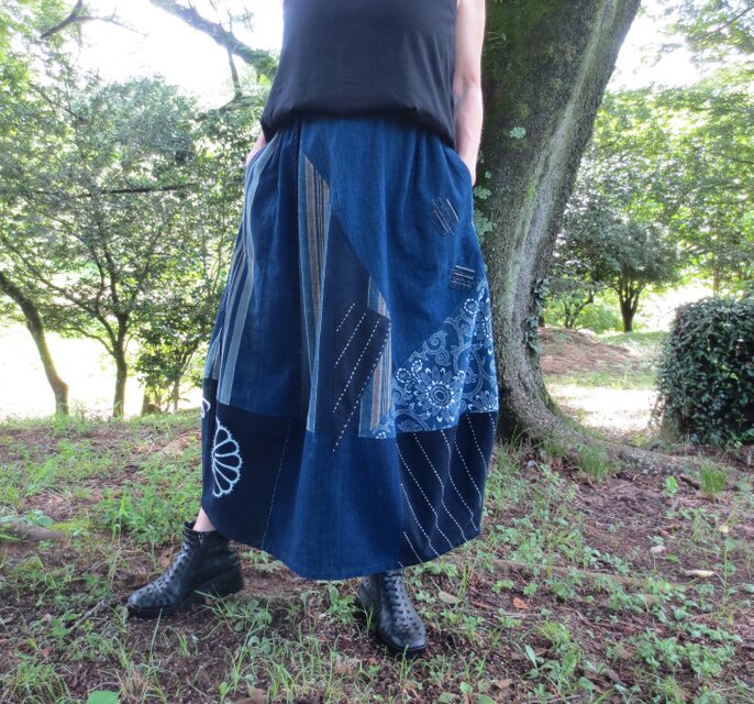 古布藍染　絣ハンドメイド　スカート