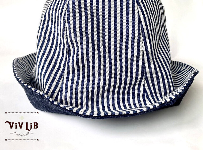 岡山デニムのリバーシブルチューリップハット/デニム×ヒッコリー