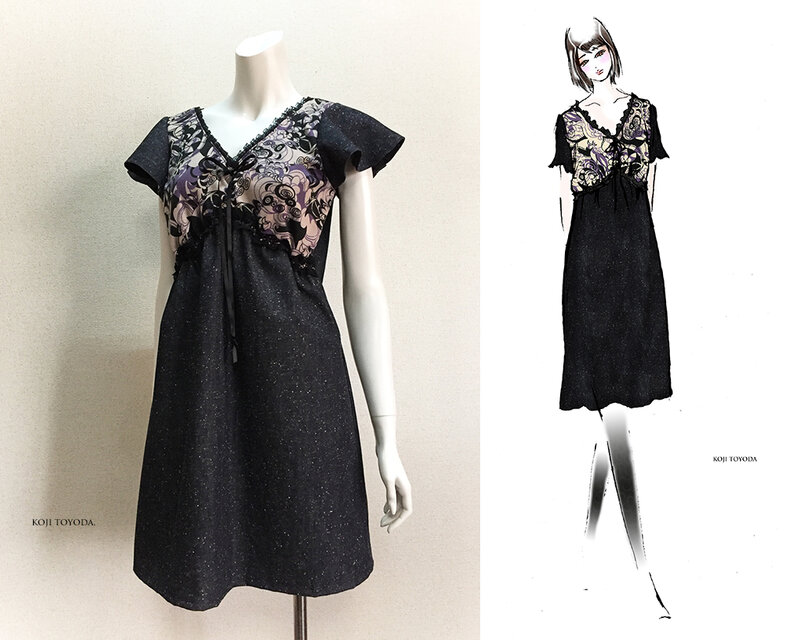 【1点もの・デザイン画付き】岡山産デニム＆柄切り替えワンピース（KOJI TOYODA）