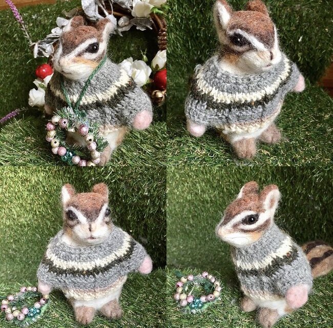 受注制作☆羊毛フェルトのグレーのロピーセーターのシマリスさん