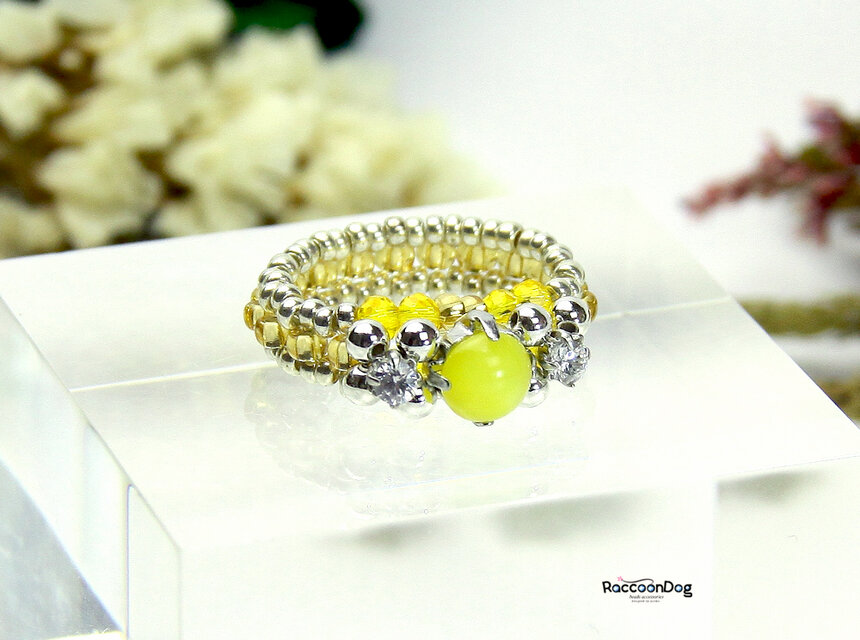 イエローオパールグラスストーンリング【グラスストーン/ジルコニア ビーズリング】《ビーズアクセサリー》