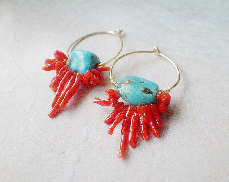 14kgf*Red Coral&Turquoise Gold Hoop 天然赤珊瑚とターコイズのフープ