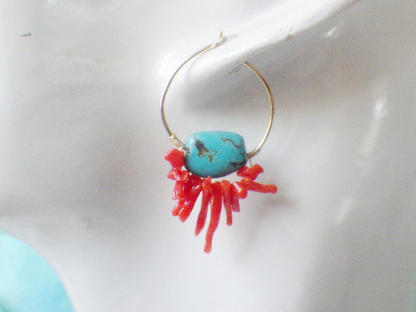 14kgf*Red Coral&Turquoise Gold Hoop 天然赤珊瑚とターコイズのフープ