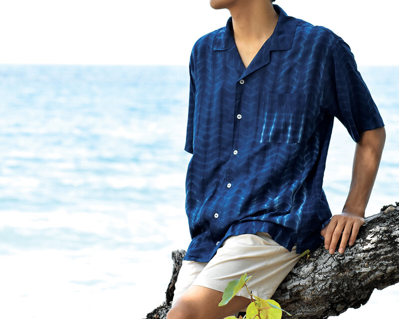 メンズタイダイ柄オープンカラーシャツ　開襟シャツ　アロハシャツ　ネイビー