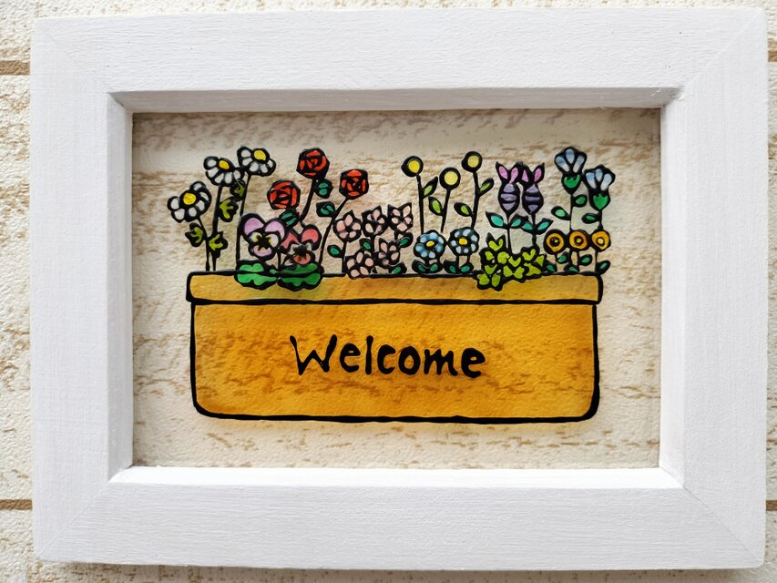 送料無料*ステンドグラス風*テラコッタ･お花･ウエルカム･ハンドメイド♪