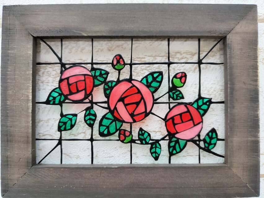 送料無料*ステンドグラス風*バラ・赤・縦横対応・ハンドメイド