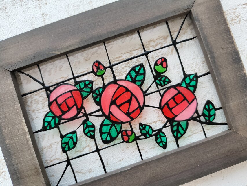 販売済み　ステンドグラス　小さな赤い薔薇 オリジナルステンドグラス『薔薇の額・赤』 | shop煌LaLa