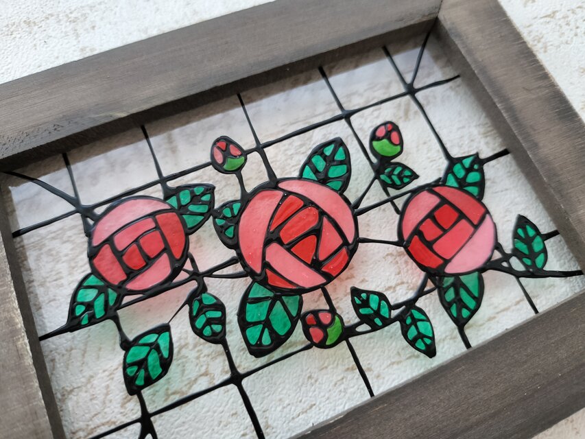 送料無料*ステンドグラス風*バラ・赤・縦横対応・ハンドメイド