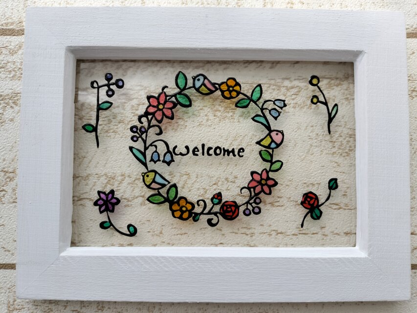 送料無料*ステンドグラス風*小鳥とお花のリース･ハンドメイド♪