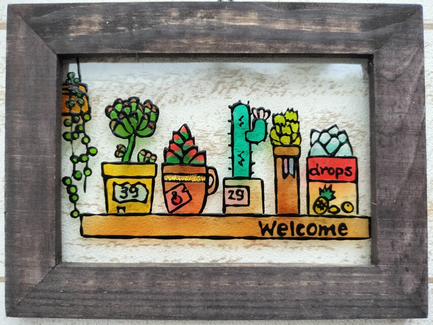 送料無料*ステンドグラス風*多肉とサボテンのウエルカム･ハンドメイド♪