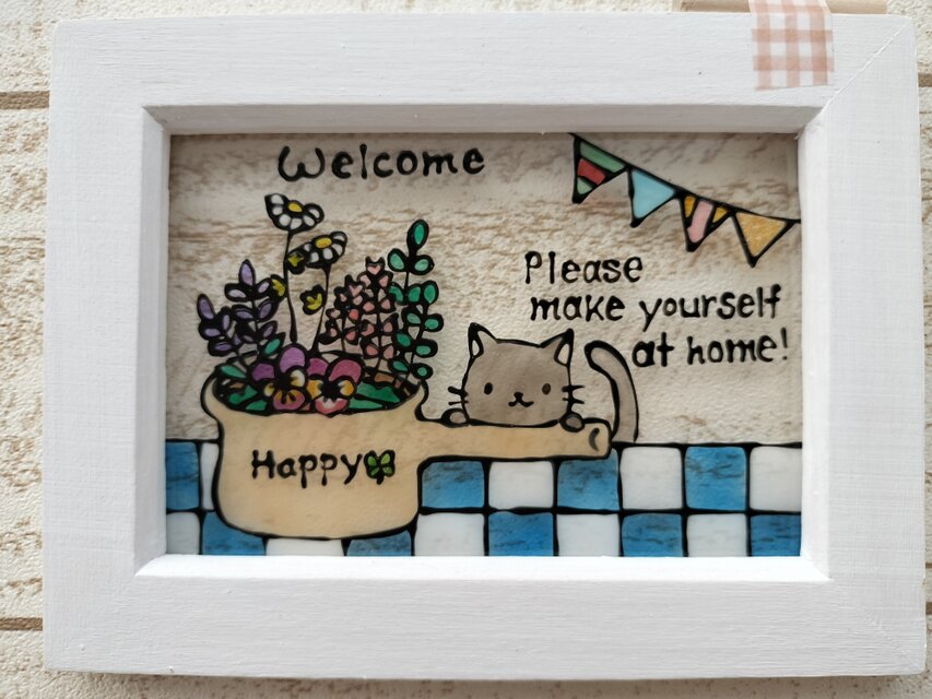 送料無料*ステンドグラス風*子猫とハーブのウエルカム･ハンドメイド♪