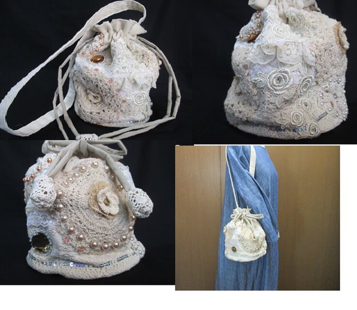 84　創作バッグ　巾着バッグ　レース　コラージュ　チュール　スパンコール　ビーズ　ビジュー　おしゃれ