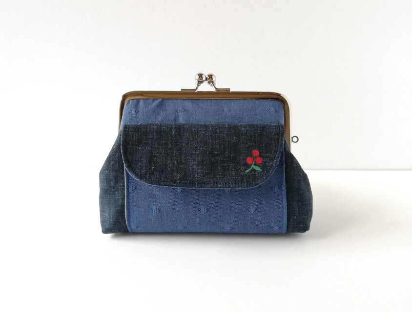 ★親子がま口★シックなネイビー　秋の赤い実　がま口財布　和風　　ポケット付き