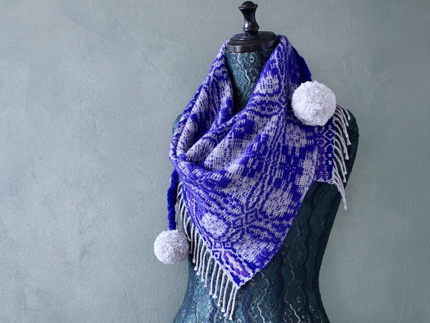 手織り オーバーショット織 ポンポンマフラー Handwoven TMMS22133