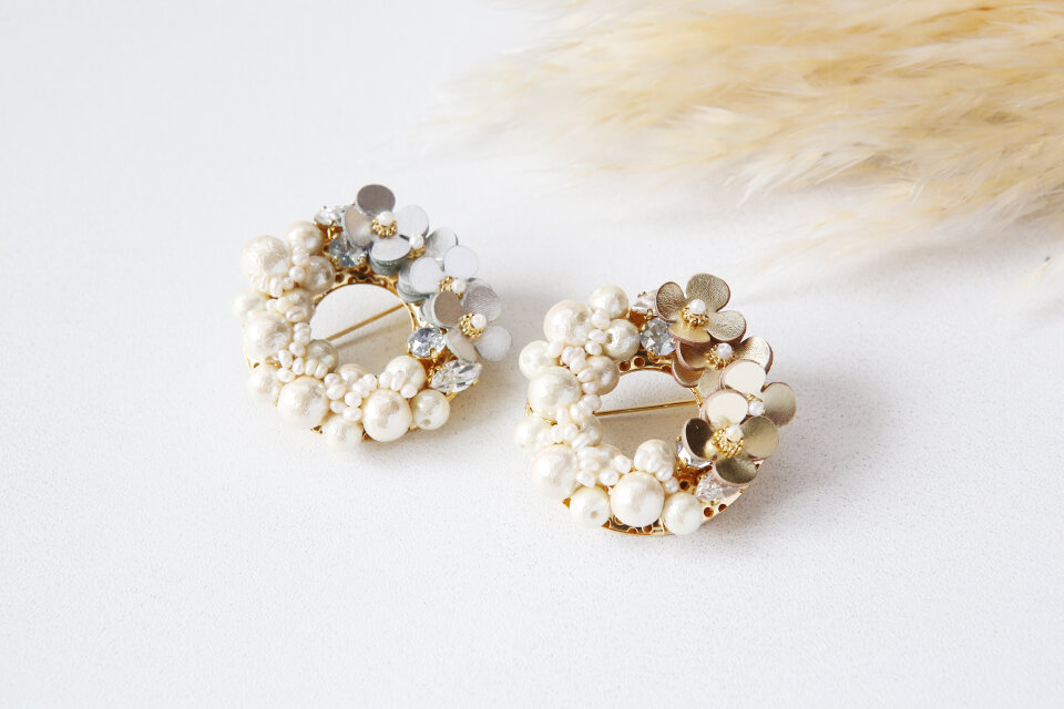 【Silver】LetherJewel パールブローチ