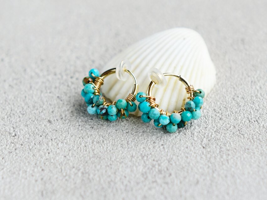 【イヤリング・小サイズ】ターコイズ レースフープ　フープイヤリング　12月誕生石・海　ブルー　天然石