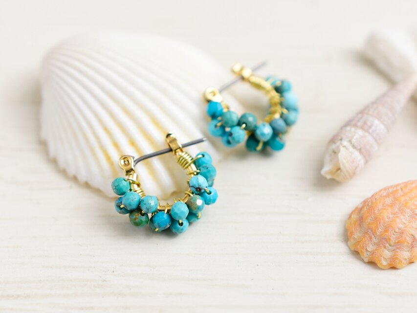 【チタンピアス・小サイズ】ターコイズ レースフープ　フープピアス　12月誕生石・海　ブルー