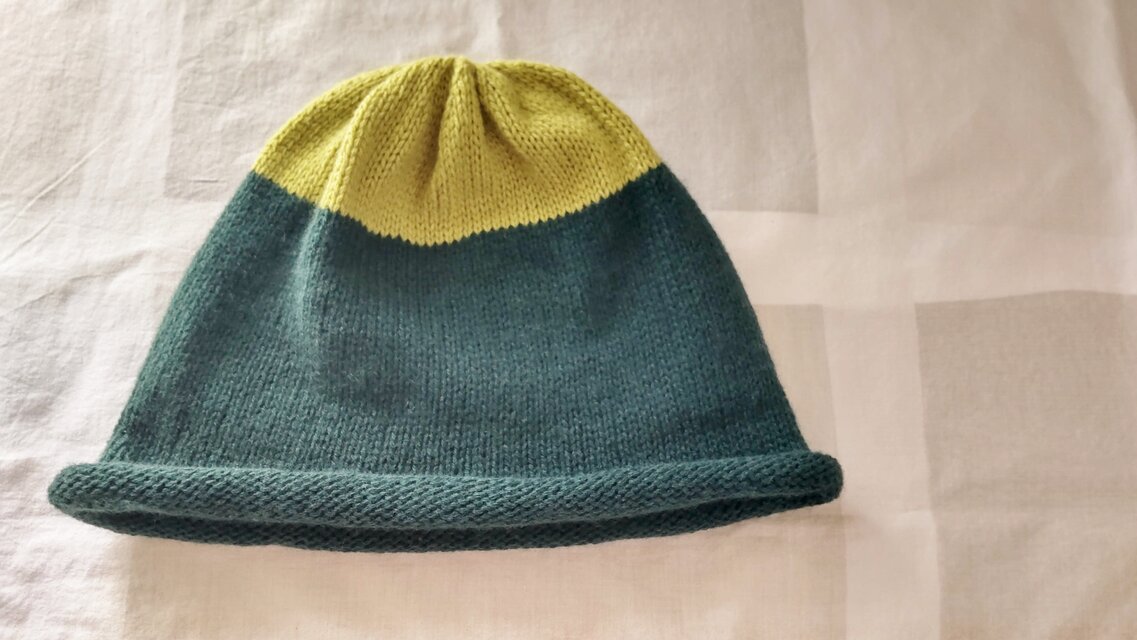 1点物　カシミア100％の縮絨ニットキャップ　深緑×ピスタチオ