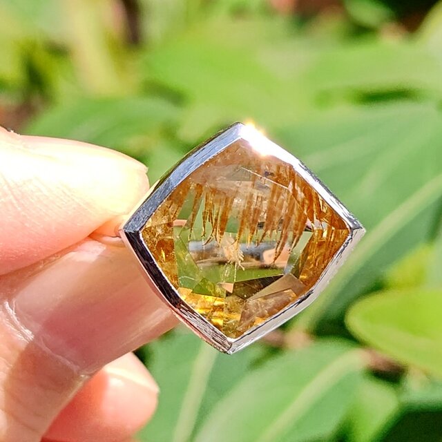 カコクセナイト　イン　クォーツ　羽のようなインクルージョン　変形8角形カット　シルバーSV925リング