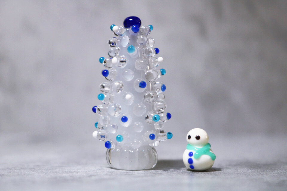 ガラスのクリスマスツリー＆雪だるま　白