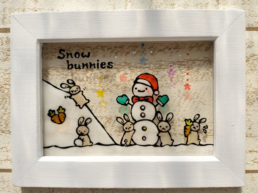 送料無料*ステンドグラス風*雪だるま･うさぎ･ブルー系･ハンドメイド♪