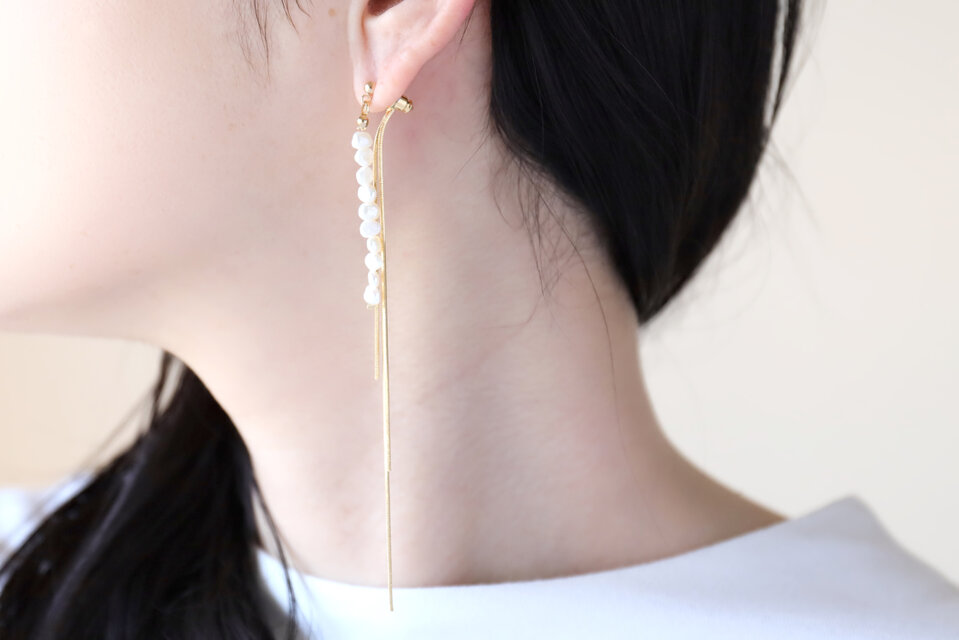 新色追加★長さ調整可能★パール/天然石とスネイクチェーンピアス【14kgf】・イヤリング  (#881・#882)