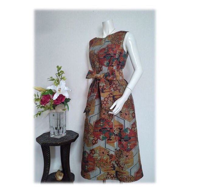 289＊紬のジャンスカにもなるAラインワンピース（オレンジ系／亀甲と紅葉柄）