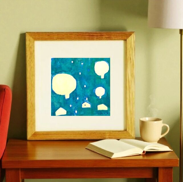 イラスト 原画「雨の日」※木製額縁入り(18×18㎝）水彩 絵画 インテリア