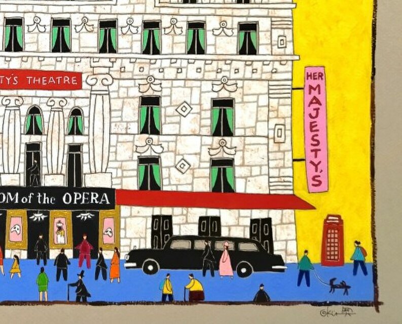 水彩画原画 ロンドンのミュージカル劇場、「オペラ座の怪人」上演中-
