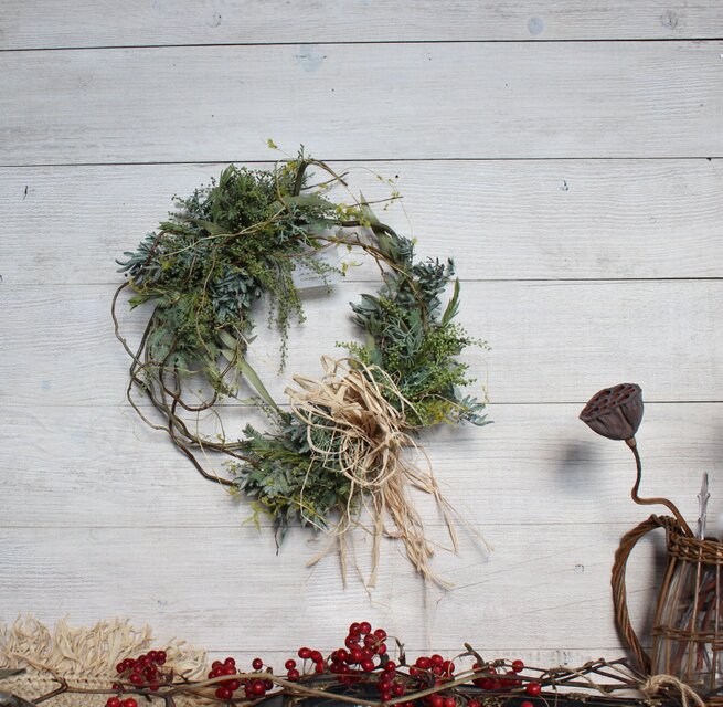 wreath「春の約束」 ミモザの蕾のグリーンリース ドライフラワーリース
