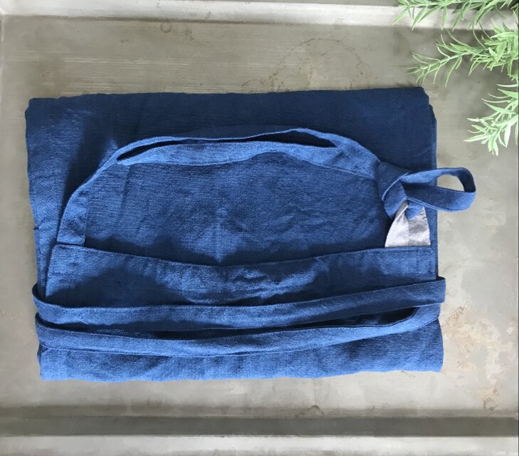 ワークエプロン　肩紐バイカラー　ベルギーリネン　ストレートブルー×肩紐グレー