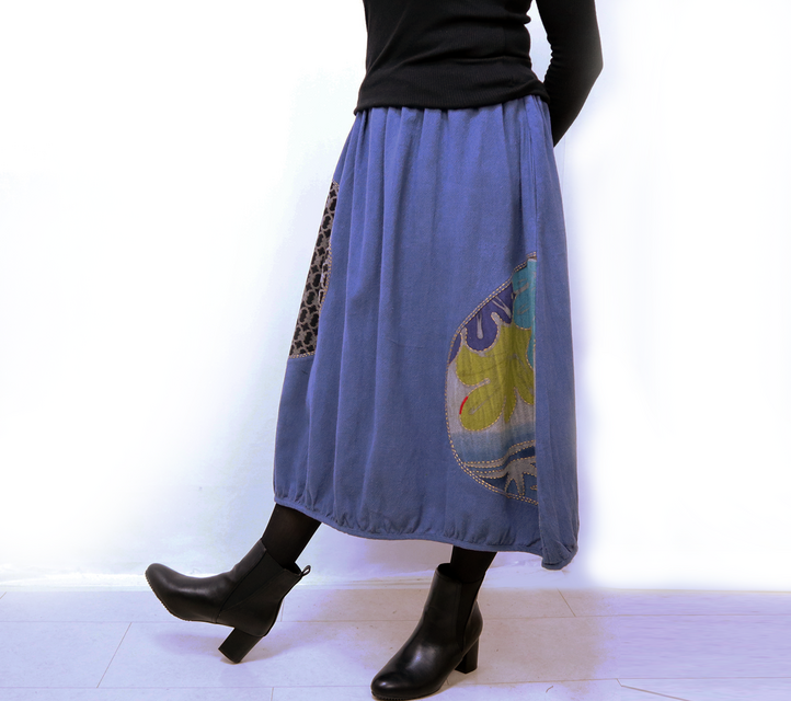 新色☆草木染め、手描染め刺繡入りコットンバルーンスカート、ブルー2、フリーサイズ
