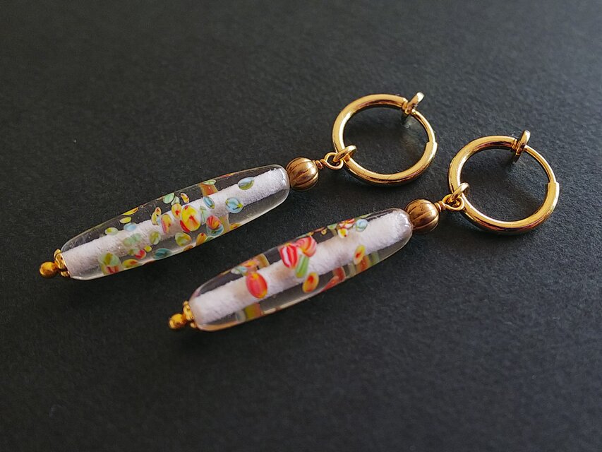 14kgf イヤリング Arisa ヴィンテージ Millefiori（約26×7㎜）Glass 14Kgfピアスまたは