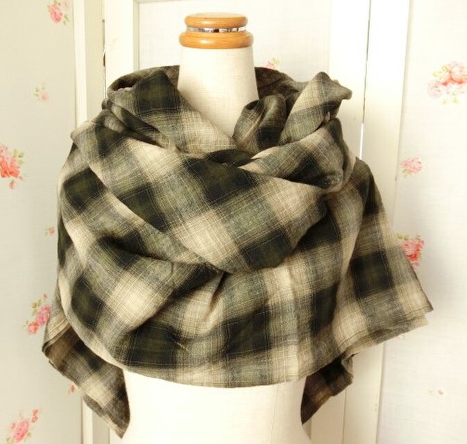 ハンドメイド 綿麻 先染めチェック 超大判ストール フードにも！ モス