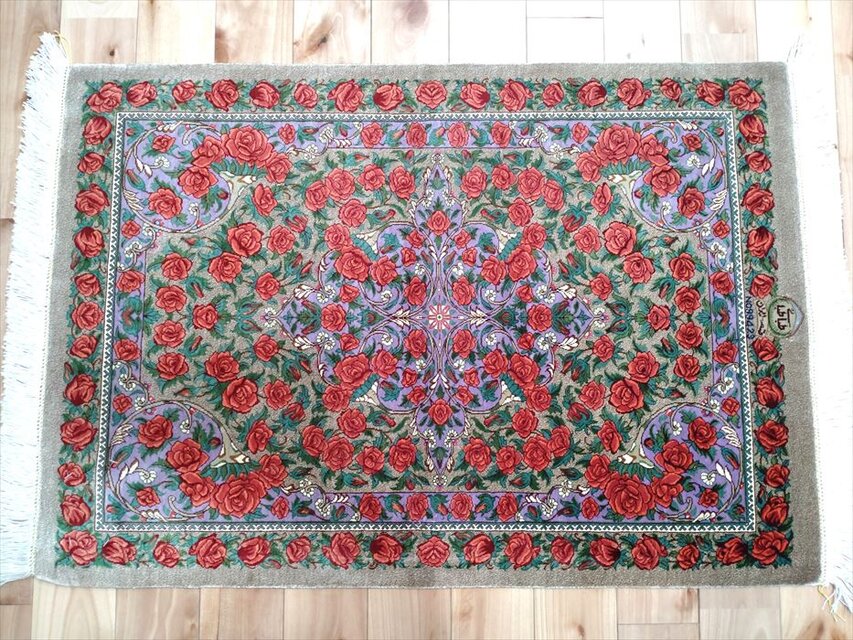 ペルシャ絨毯クム産シルク 薔薇 タバタバイ工房 玄関マット 93x60cm 