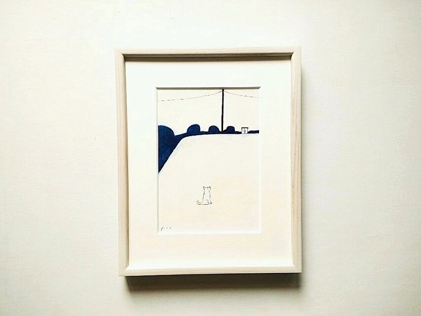 犬の絵｜原画「夕暮れの公園で」※木製額縁入り（八つ切りサイズ）