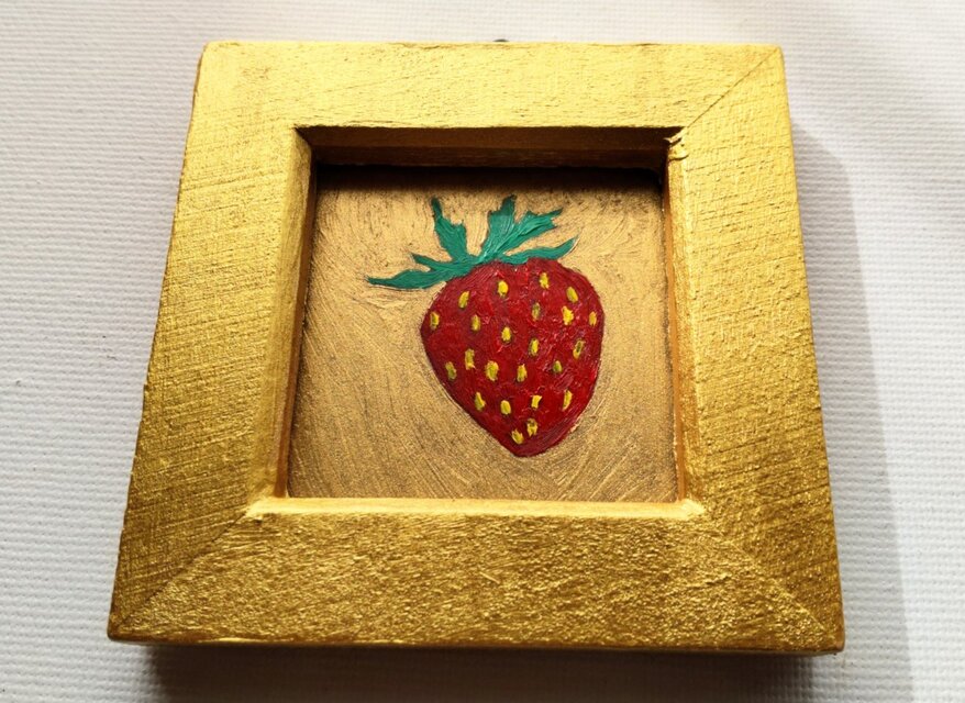 小さな絵画「苺」原画・油彩画・壁掛け・独立スタンド付き
