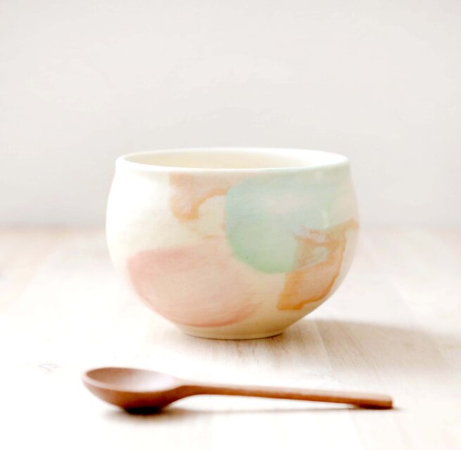 色化粧 刷毛目模様のお湯のみ ＊ 春色 ＊ ２