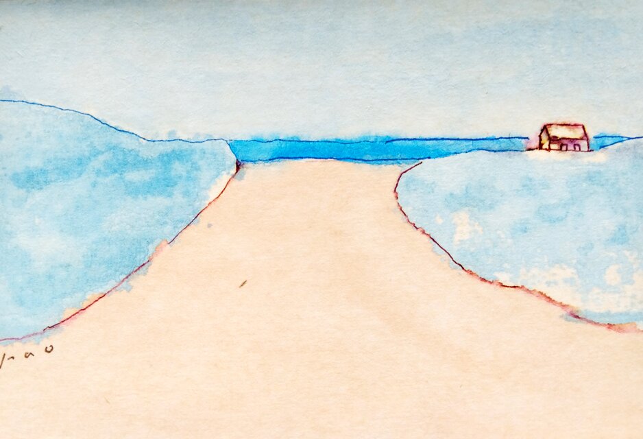 水彩画「海霧降る竜飛岬への道」 原画 真作 - 美術、工芸品