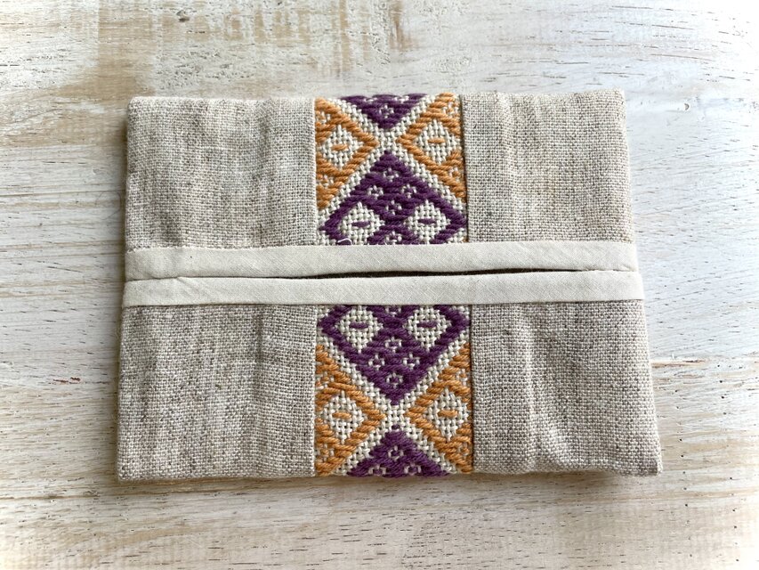 こぎん刺しティッシュケース〔オレンジ×パープル〕