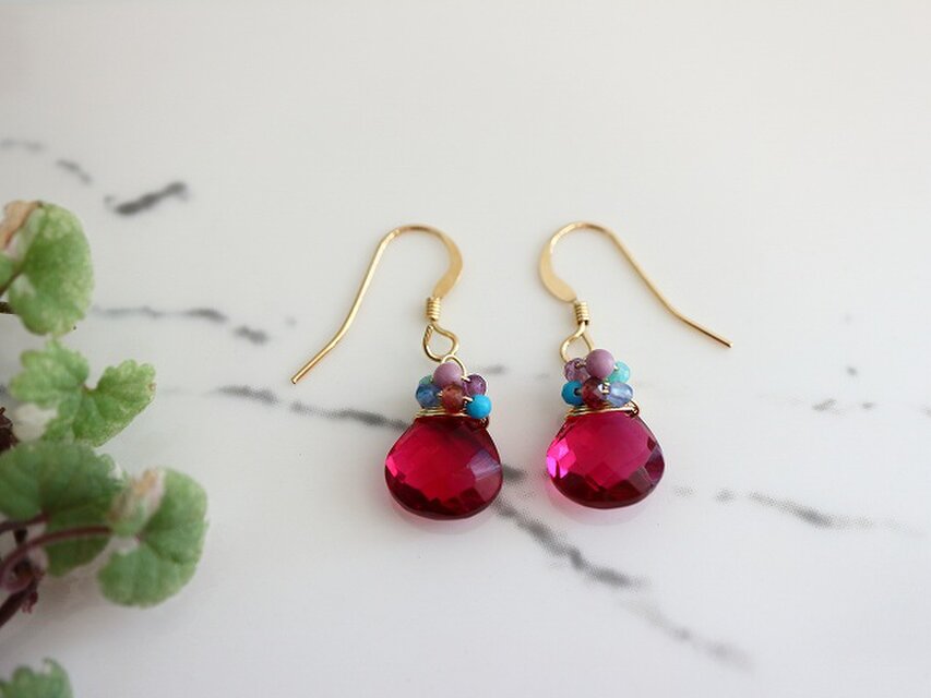 再販＊フューシャピンク＊梅＊春色＊マルチカラージェム＊14kgfピアス＊no.515